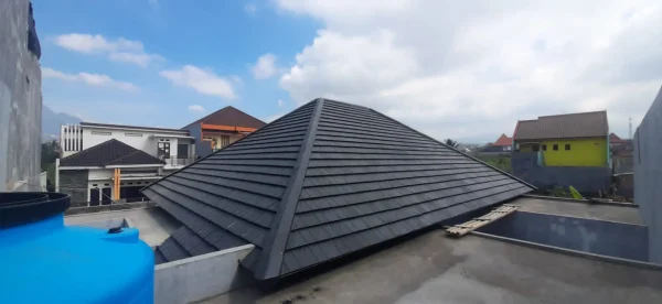 Atap genteng beton dengan tandon air biru di bidang dak beton di sekelilingnya