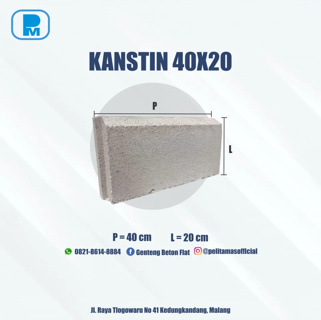 Kanstin beton 40x20 cm dengan penandaan dimensi panjang dan lebar, acuan saat memeriksa ukuran barang kiriman.