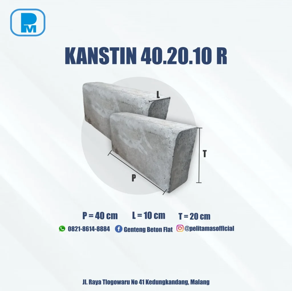 Kanstin beton 40.20.10 R dipasang berderet; garis atas barisan menjadi acuan visual untuk memeriksa kemiringan jalur air.