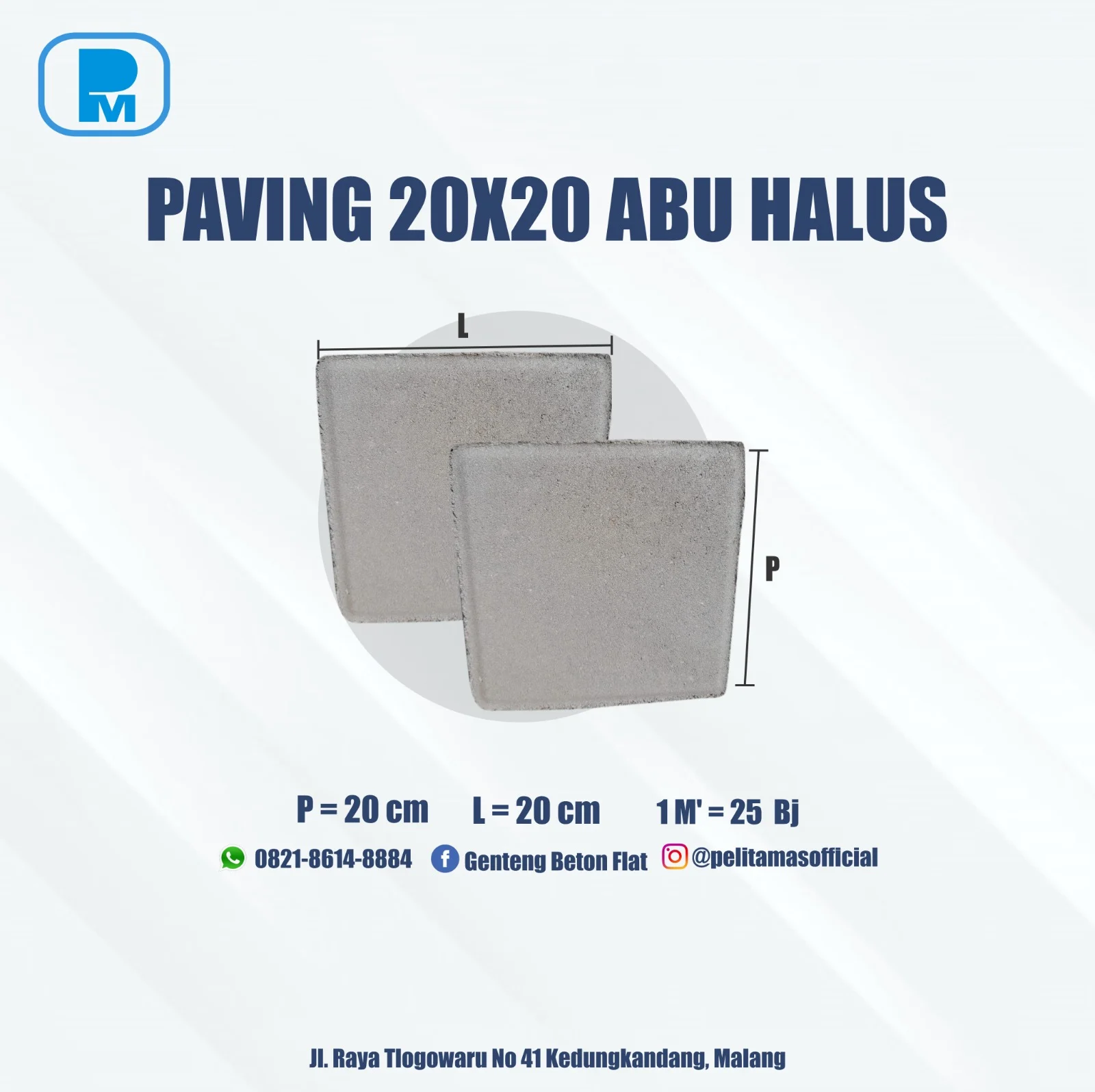 Paving 20x20 abu halus; gelombang halus di permukaan paling terlihat dari sudut pandang rendah.