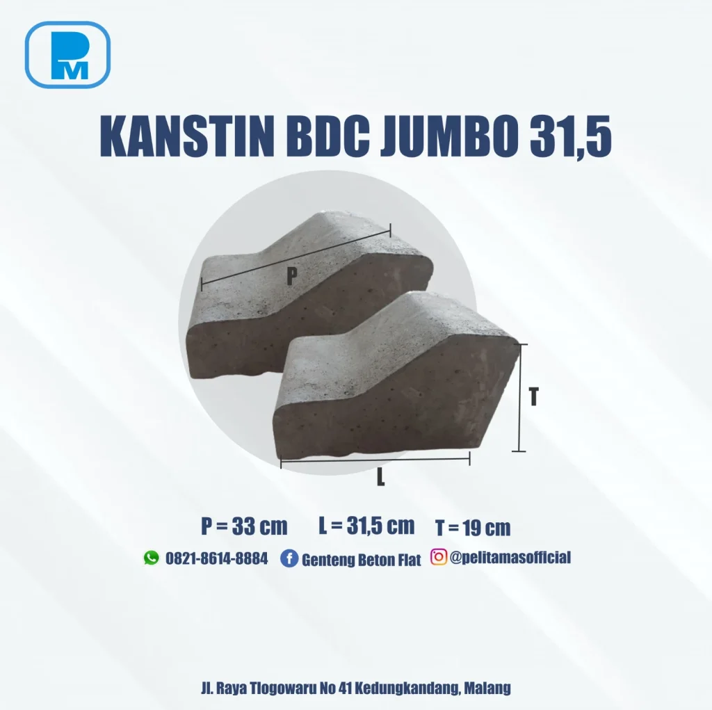 Kanstin beton BDC jumbo 31,5 berbadan tebal, ukuran 33 x 31,5 x 19 cm, tipe yang dipakai di area parkir dan lahan usaha.