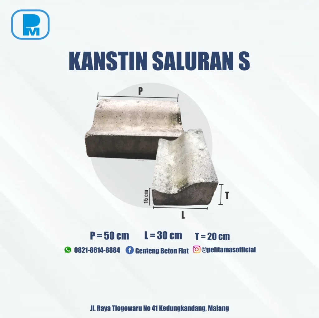 Kanstin beton saluran S ukuran 50 x 30 x 20 cm dengan cekungan di permukaan atas, tipe yang berfungsi sebagai pembatas sekaligus jalur air.