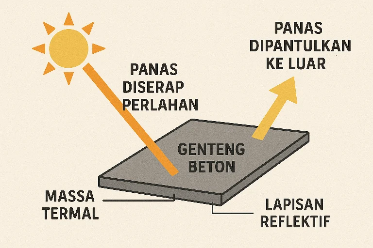 Infografis cara kerja genteng beton anti panas Pelita Emas Jaya: penyerapan lambat dan refleksi panas