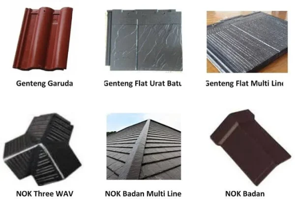Papan contoh berisi beberapa model genteng beton dan wuwung yang biasa dibandingkan pembeli
