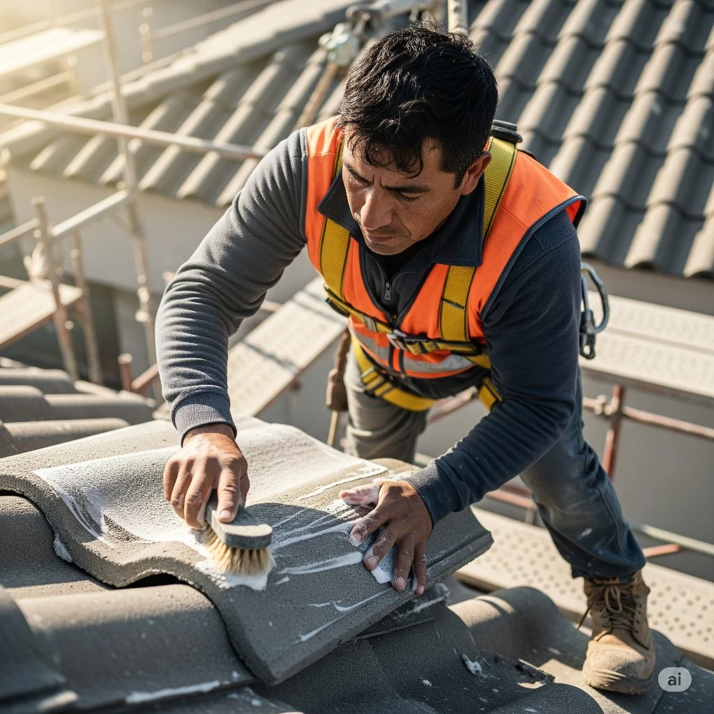 Seorang pekerja membersihkan lumut dari permukaan genteng beton menggunakan sikat dan selang air, menunjukkan pentingnya merawat genteng beton.