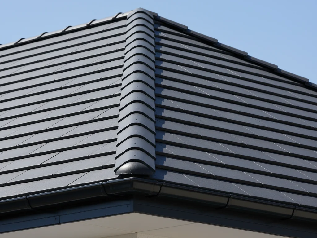 Detail tampilan atap rumah minimalis dengan genteng beton flat yang terpasang rapi