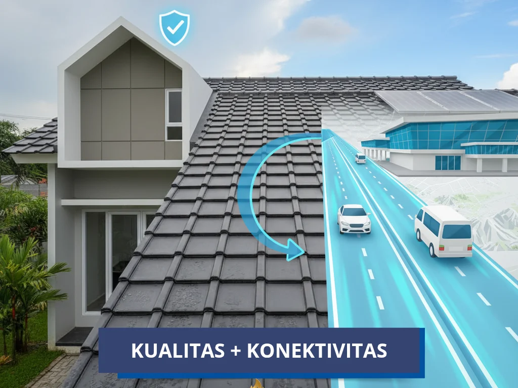 Ilustrasi sinergi antara rumah modern beratap genteng beton berkualitas tinggi dan akses transportasi yang lancar, melambangkan investasi properti yang maksimal.