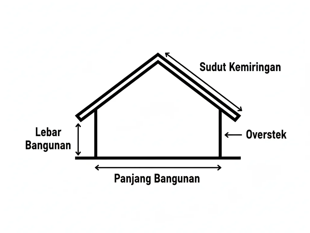 Diagram sketsa atap rumah yang menunjukkan bagian-bagian penting untuk perhitungan: panjang, lebar, overstek, dan sudut kemiringan.