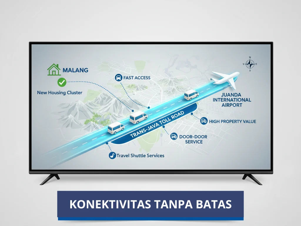 Peta rute yang menyoroti kemudahan akses dari Malang ke Bandara Juanda, menunjukkan nilai konektivitas properti.