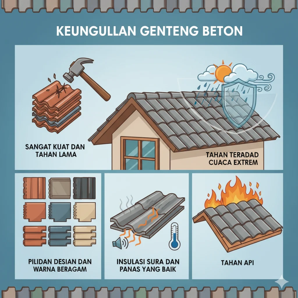 Kelebihan genteng beton: kuat, tahan cuaca, pilihan warna banyak, dan kedap suara.