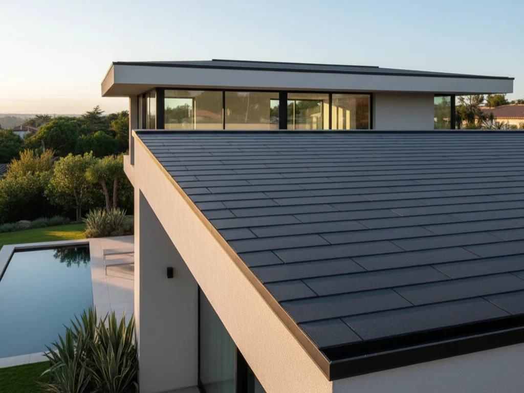 Rumah modern minimalis dengan atap genteng beton model datar berwarna gelap yang elegan