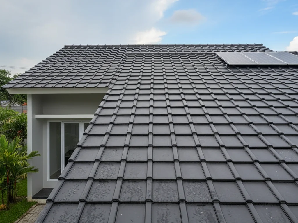 Genteng beton modern terpasang rapi di atap rumah, menunjukkan kekuatan dan daya tahan untuk investasi properti jangka panjang.