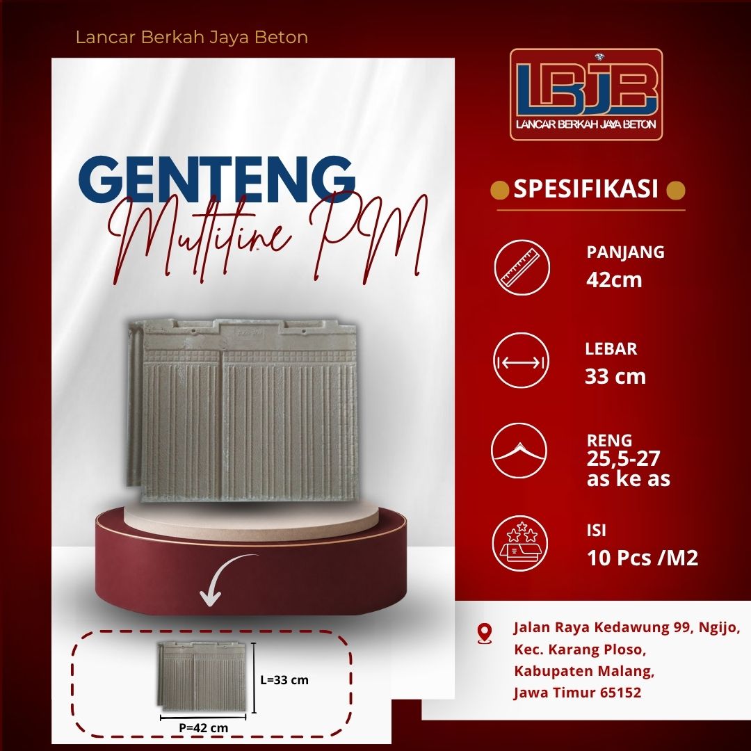 Genteng flat beton dengan ukuran seragam; keseragaman dimensi penting agar barisan rapat dan lurus.