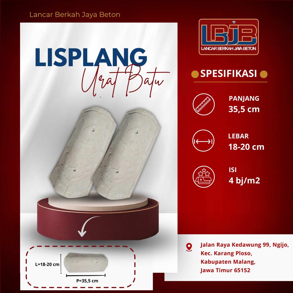 Lisplang beton Urat Batu ukuran 35,5 x 18-20 cm untuk menutup tepi samping atap.