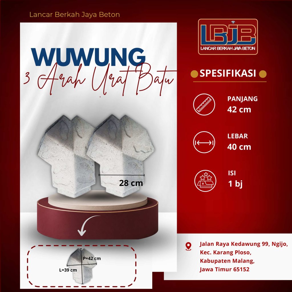 Wuwung tiga arah beton bermotif urat batu untuk titik pertemuan tiga garis punggung atap.