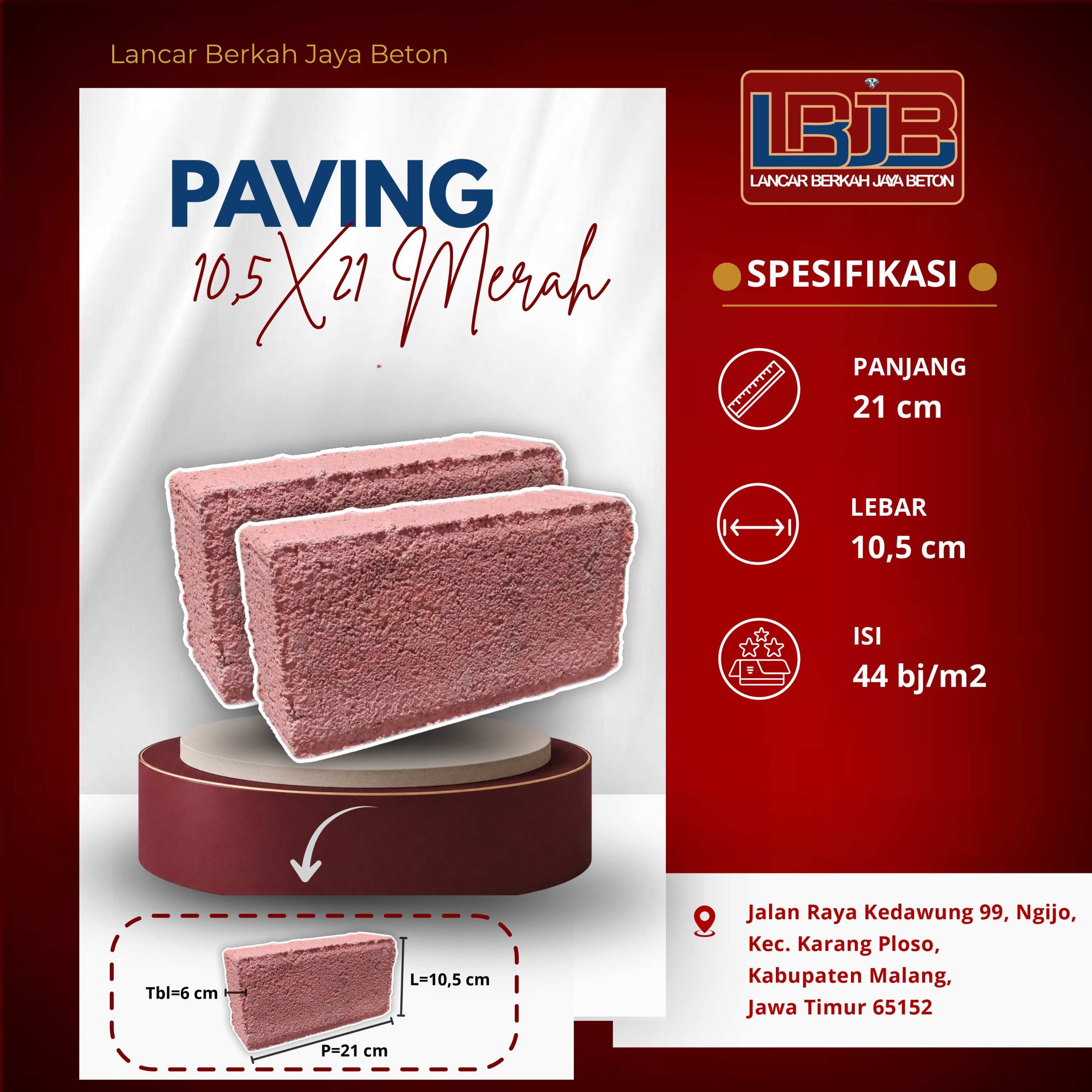 Paving block 10,5 x 21 cm warna merah seperti yang umum dipakai di carport perumahan