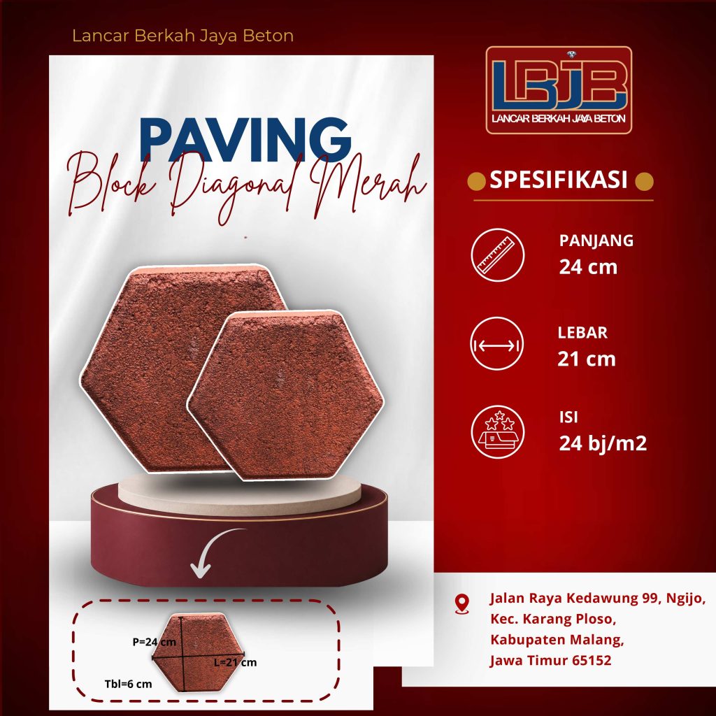Paving block diagonal merah ukuran 24 x 21 cm isi 24 biji per meter persegi; keping berwarna yang retak sulit ditambal tanpa keping cadangan sebatch
