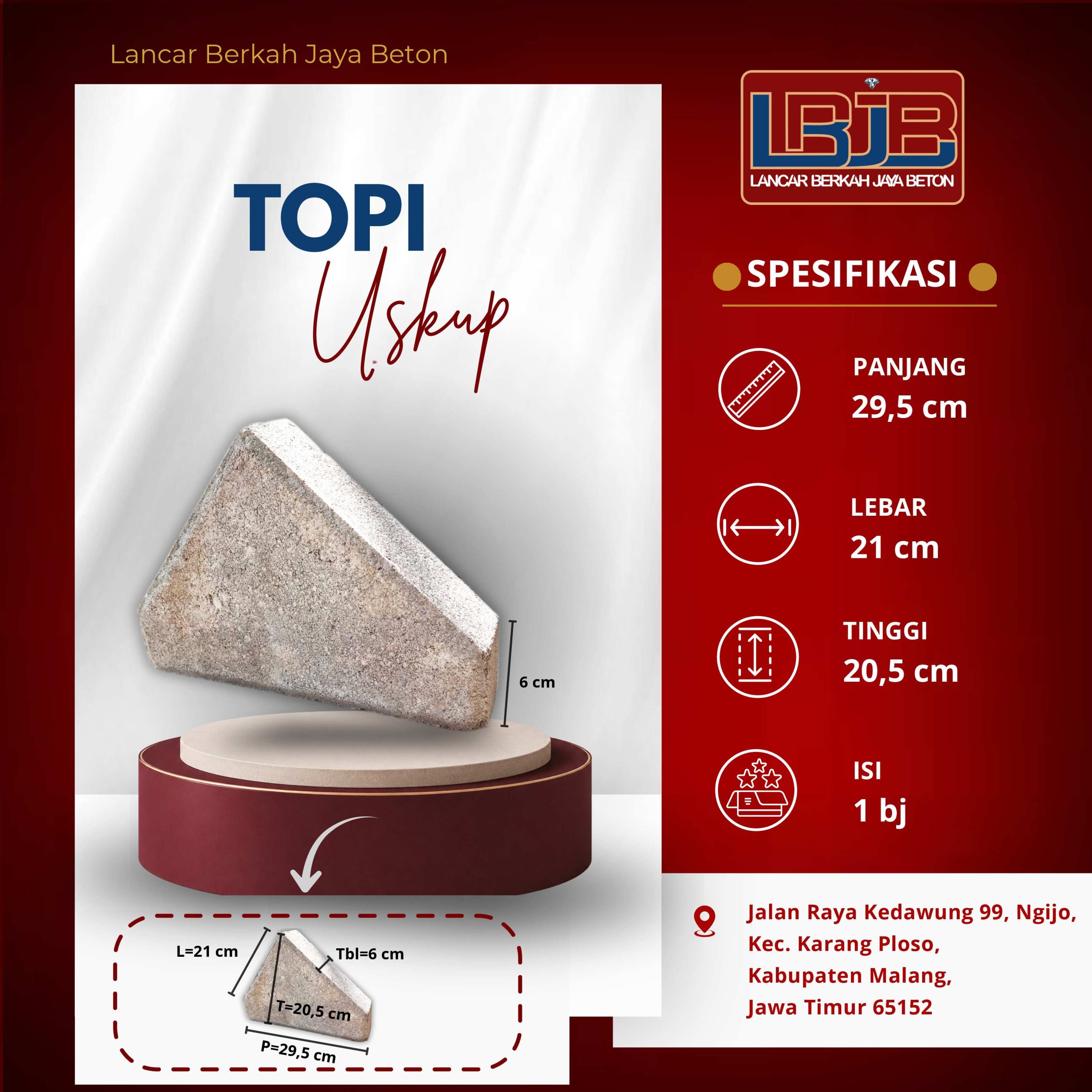 Topi uskup beton dipakai sebagai pembatas antara hamparan paving block dengan taman