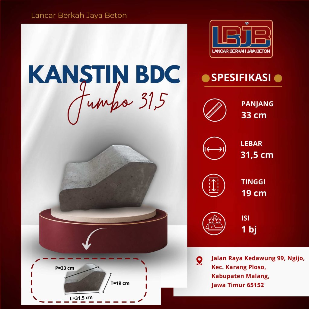 Kanstin beton BDC jumbo 31,5 berbadan tebal, ukuran 33 x 31,5 x 19 cm, tipe yang dipakai di area parkir dan lahan usaha.