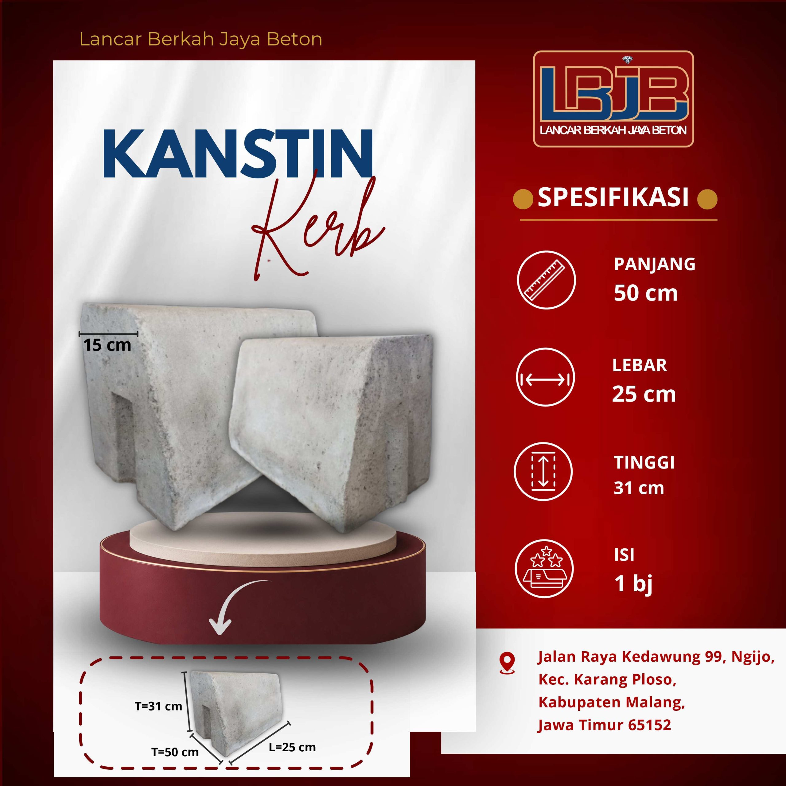 Kanstin kerb beton yang dipasang tertanam sebagai pembatas tepi paving block