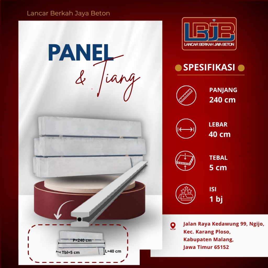 Panel beton 240 x 40 x 5 cm dan tiang beralur, modul yang menentukan lebar bukaan gerbang pada pagar panel.