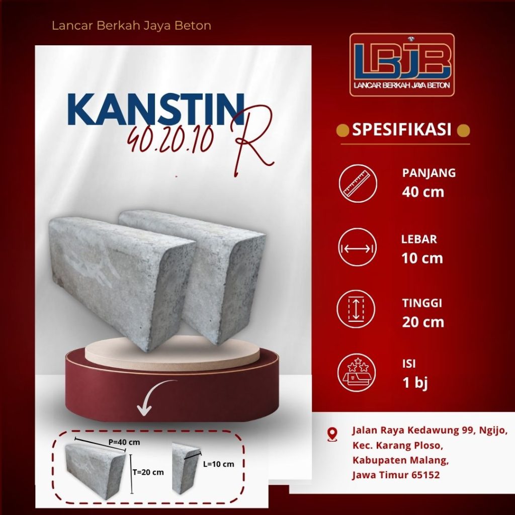 Kanstin beton 40.20.10 R dipasang berderet; garis atas barisan menjadi acuan visual untuk memeriksa kemiringan jalur air.