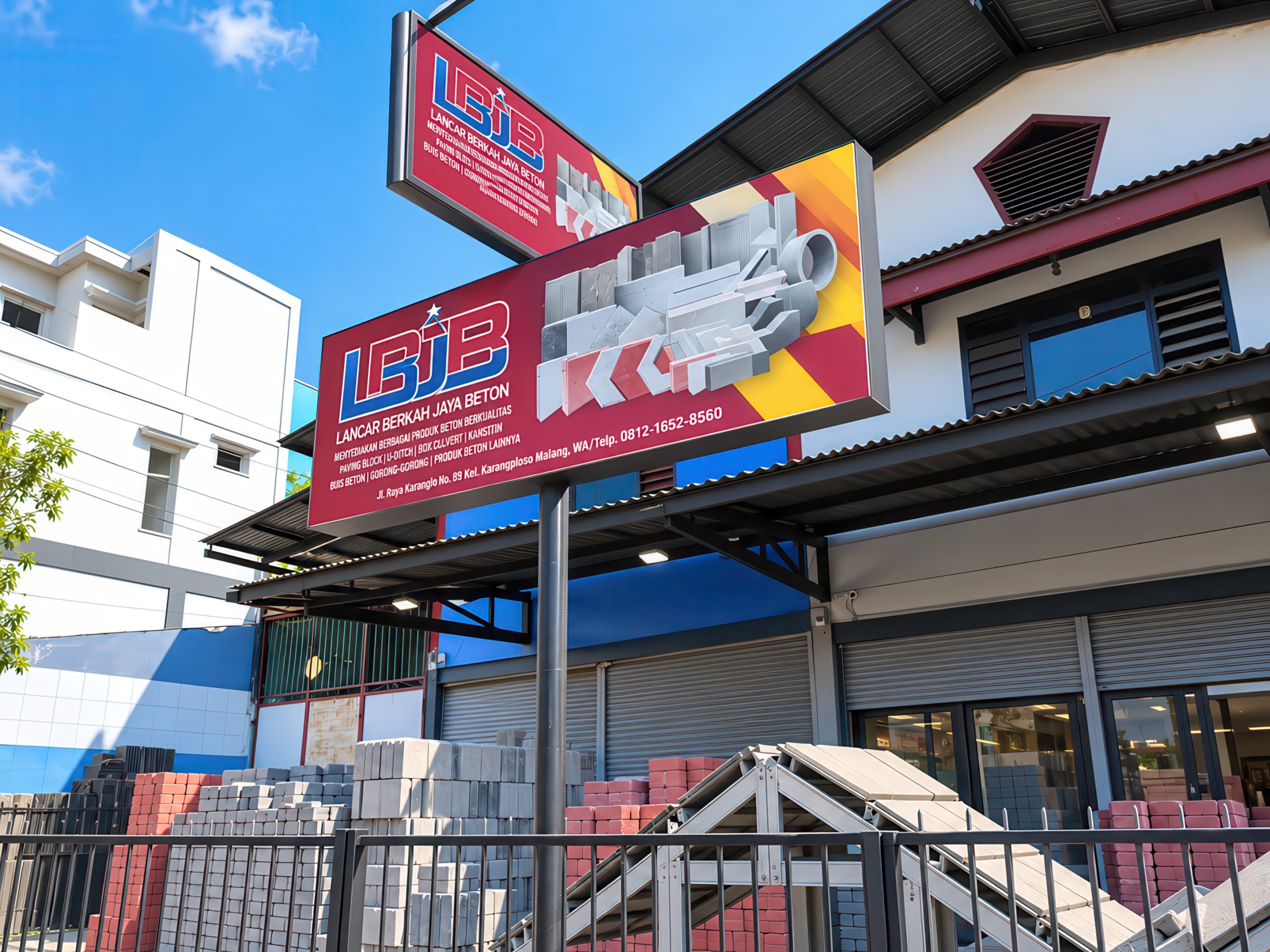 Plang Lancar Berkah Jaya Beton di depan toko dan gudang produk beton di Karangploso Malang