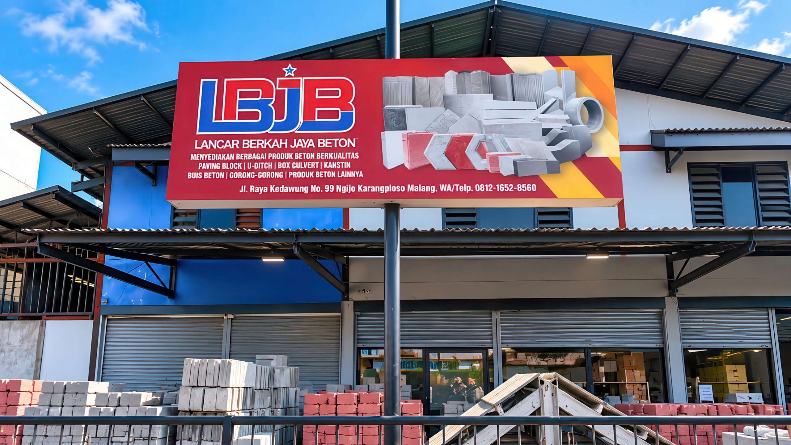 Papan nama Lancar Berkah Jaya Beton di depan gudang Karangploso Malang dengan tumpukan paving dan genteng beton